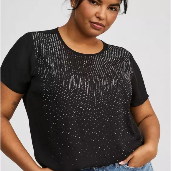 Torrid Black Sequin Abbey Blouse with Crew Neck and Short Sleeves - Picture 9 of 12